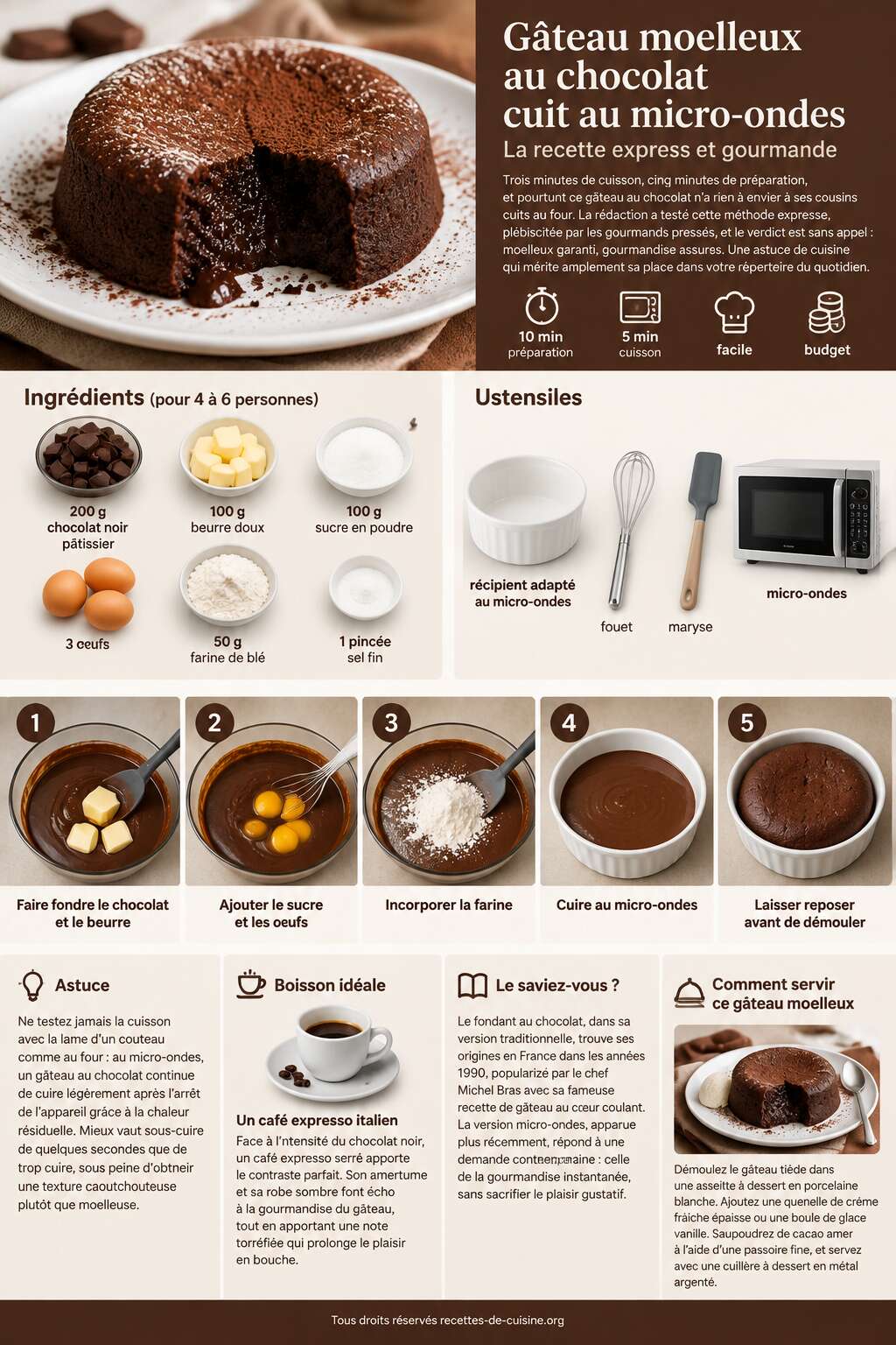 Fiche recette G&acirc;teau moelleux au chocolat cuit au micro-ondes : la recette express et gourmande
