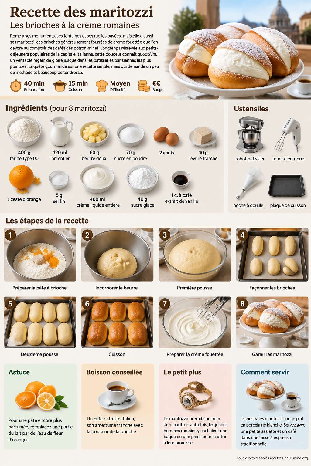 Fiche recette Recette des maritozzi : les brioches à la crème romaines Fiche recette Recette des maritozzi : les brioches à la crème romaines