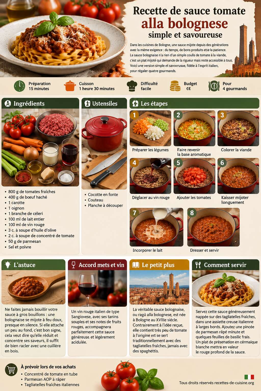 Fiche recette Recette de sauce tomate alla bolognese : simple et savoureuse