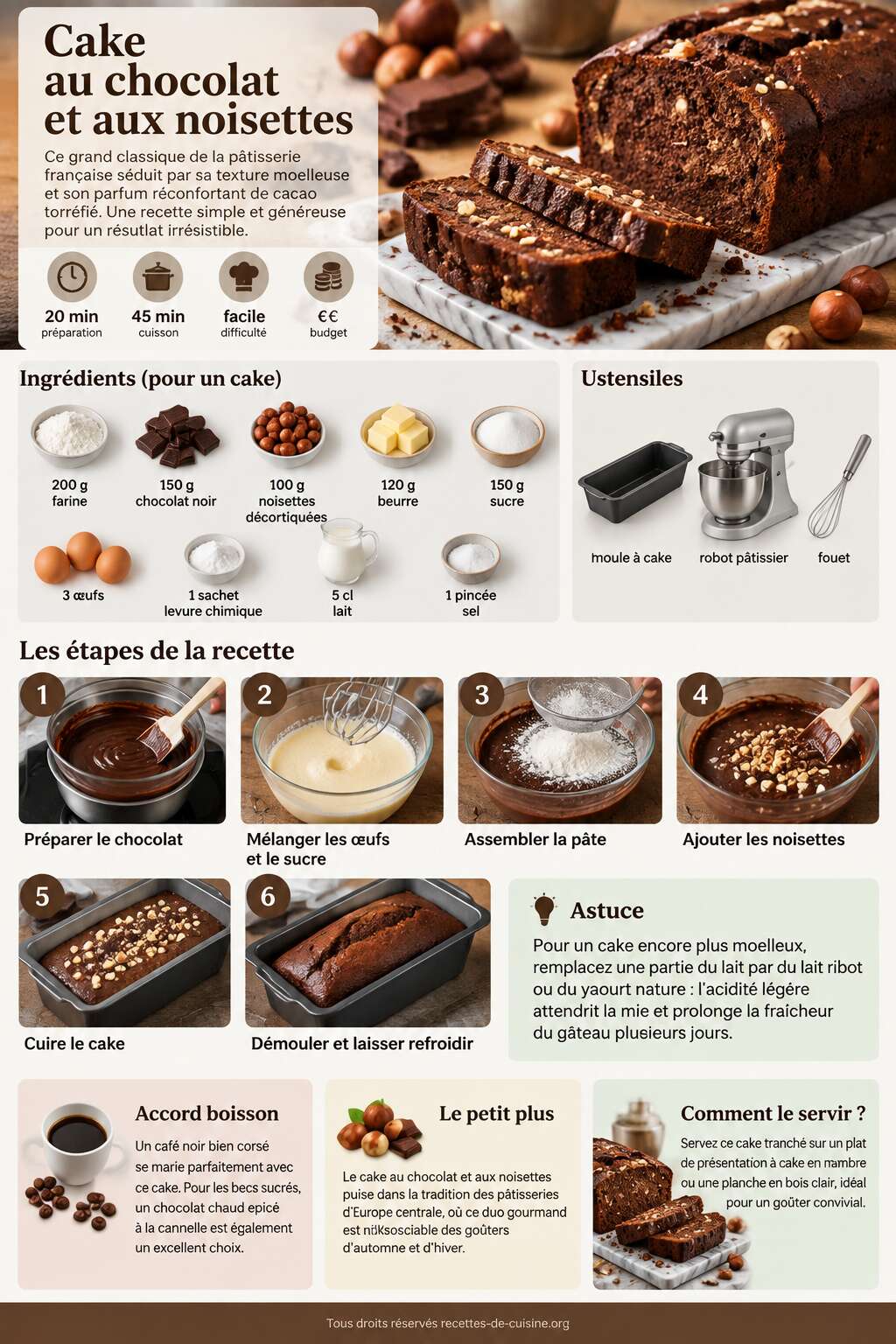 Fiche recette Recette du cake au chocolat et aux noisettes Fiche recette Recette du cake au chocolat et aux noisettes