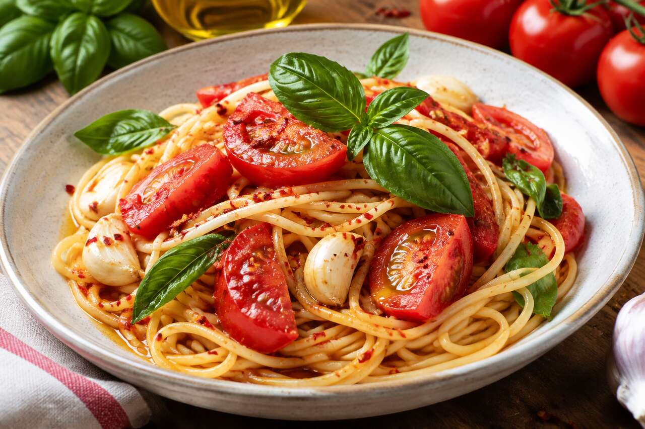 Recette de spaghettis à l'ail et à la tomate : simple et savoureuse