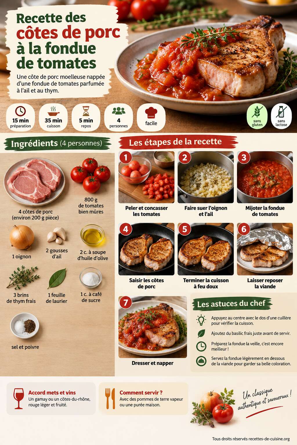 Fiche recette Recette des côtes de porc à la fondue de tomates Fiche recette Recette des côtes de porc à la fondue de tomates