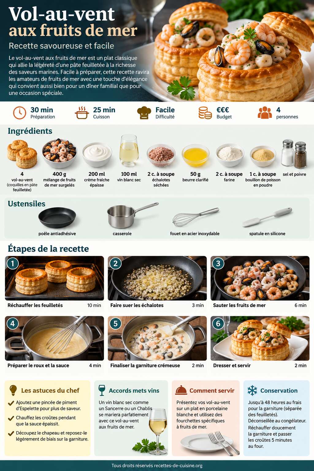 Fiche recette Vol-au-vent aux fruits de mer : recette savoureuse et facile Fiche recette Vol-au-vent aux fruits de mer : recette savoureuse et facile