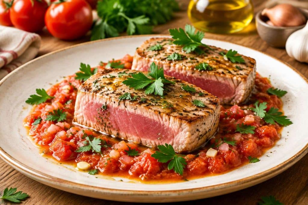 Recette de steaks de thon au persil et coulis de tomates