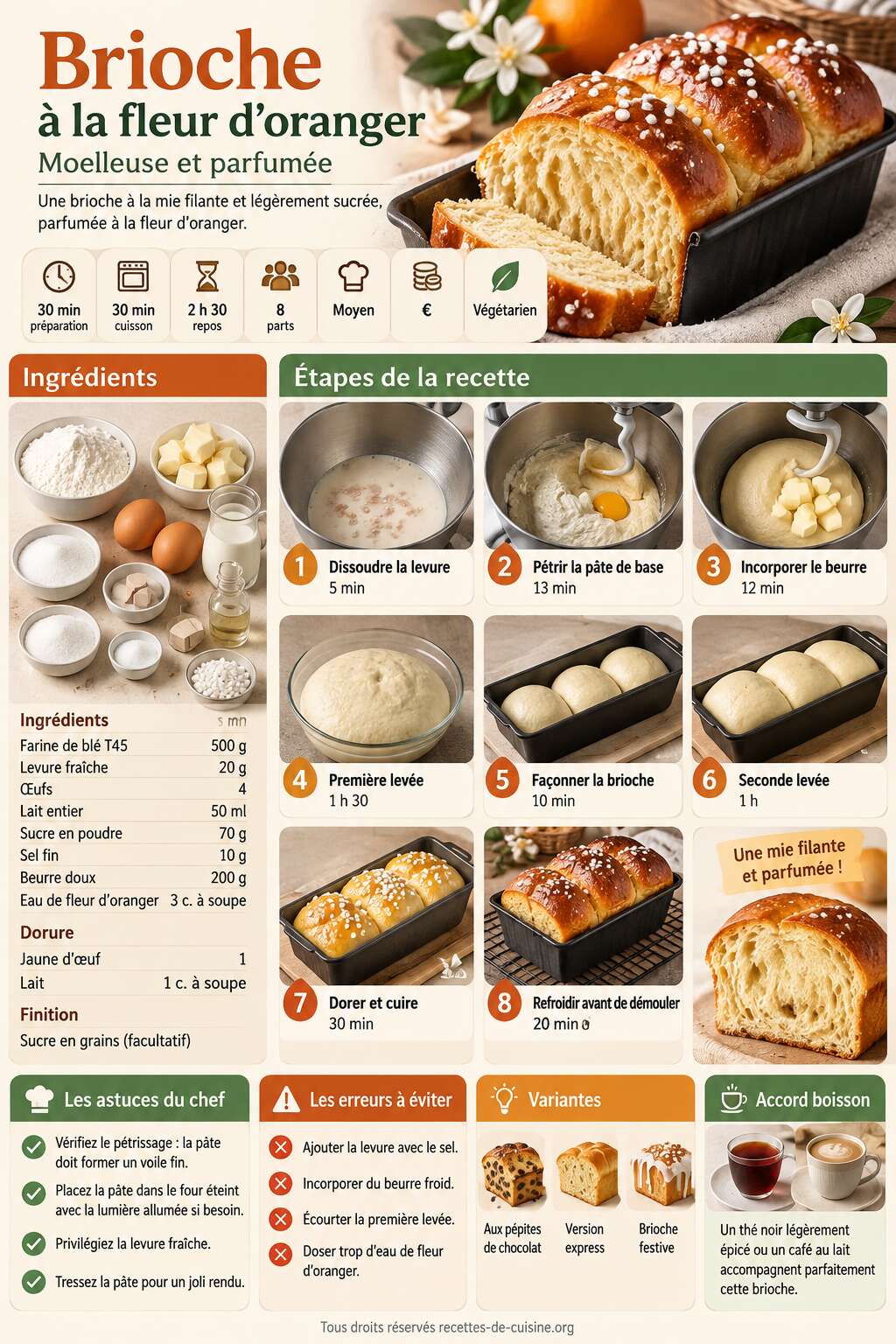 Fiche recette Recette de brioche à la fleur d'oranger moelleuse et parfumée Fiche recette Recette de brioche à la fleur d'oranger moelleuse et parfumée