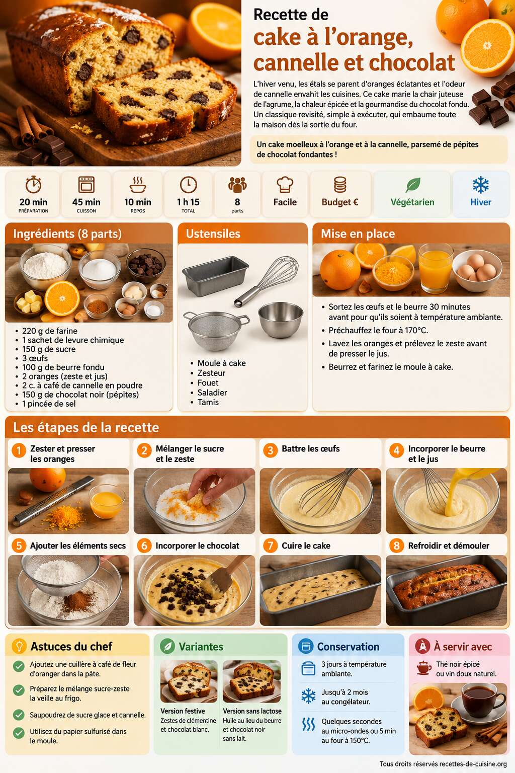 Fiche recette Recette de cake à l'orange, cannelle et chocolat Fiche recette Recette de cake à l'orange, cannelle et chocolat