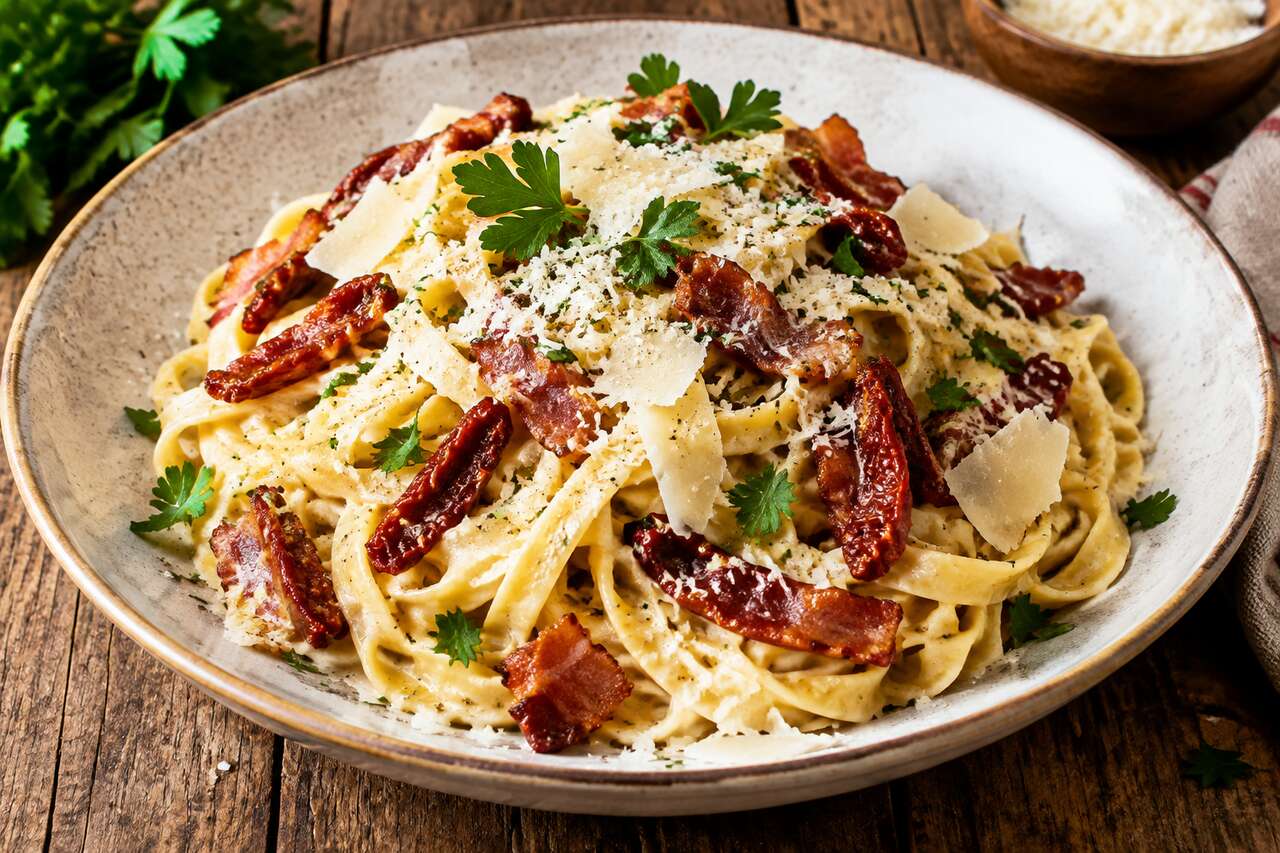 Recette de tagliatelles au bacon et tomates séchées
