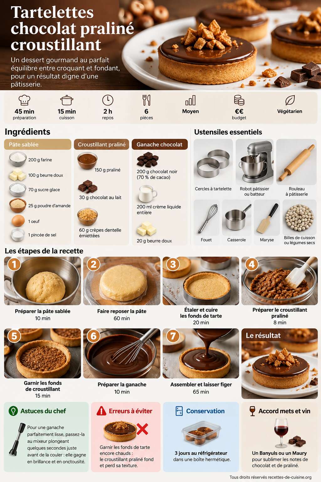 Fiche recette Recette de tartelettes chocolat pralin&eacute; croustillant