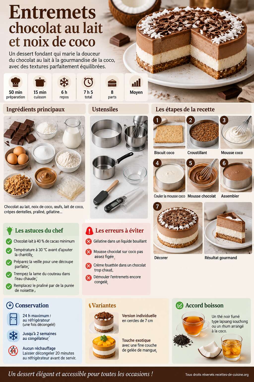 Fiche recette Recette d'entremets chocolat au lait et noix de coco Fiche recette Recette d'entremets chocolat au lait et noix de coco