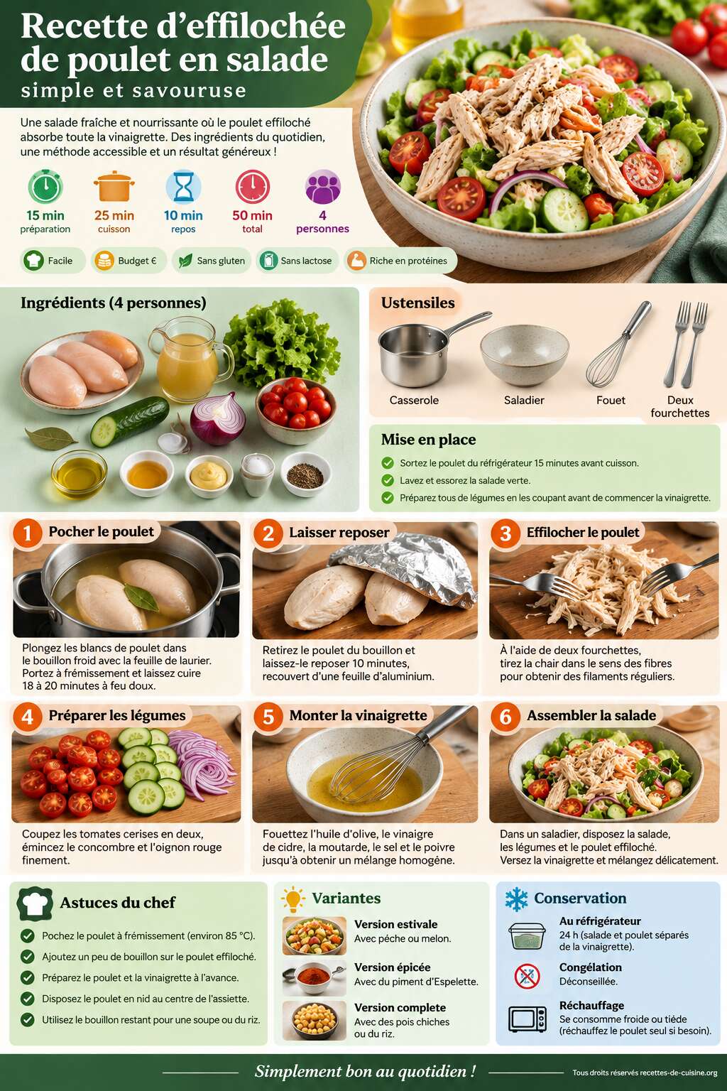 Fiche recette Recette d'effilochée de poulet en salade : simple et savoureuse Fiche recette Recette d'effilochée de poulet en salade : simple et savoureuse