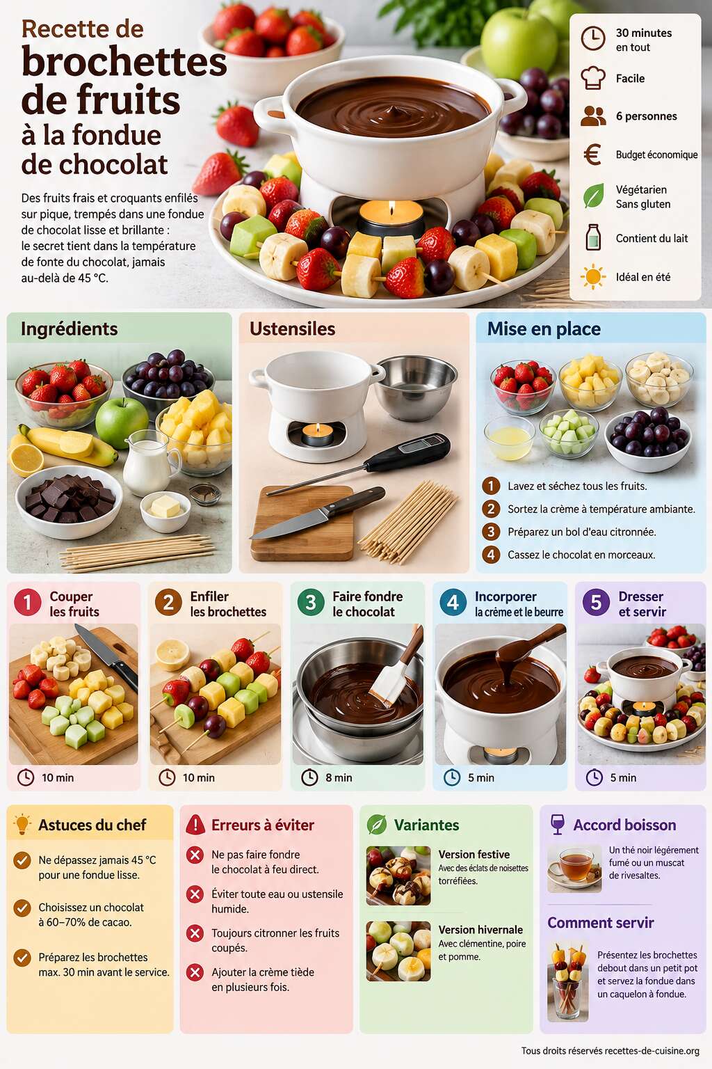 Fiche recette Recette de brochettes de fruits &agrave; la fondue de chocolat
