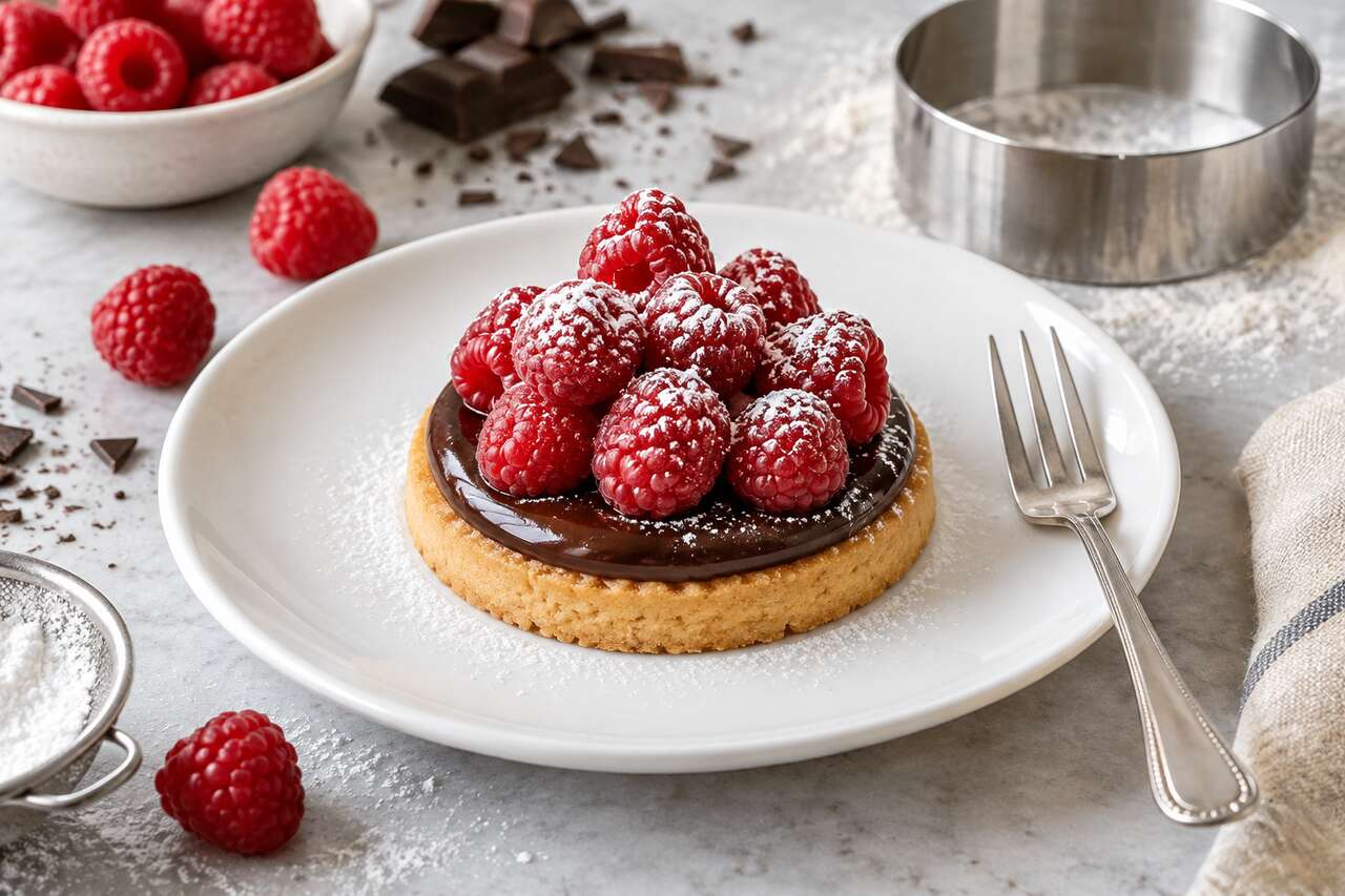 Recette de sablé aux framboises et chocolat à l'assiette