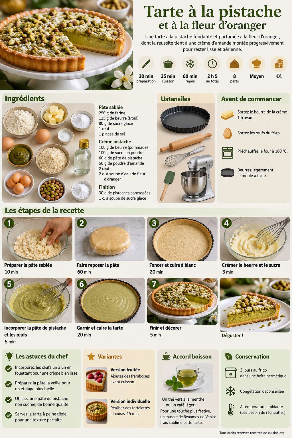 Fiche recette Recette de tarte à la pistache et à la fleur d'oranger Fiche recette Recette de tarte à la pistache et à la fleur d'oranger