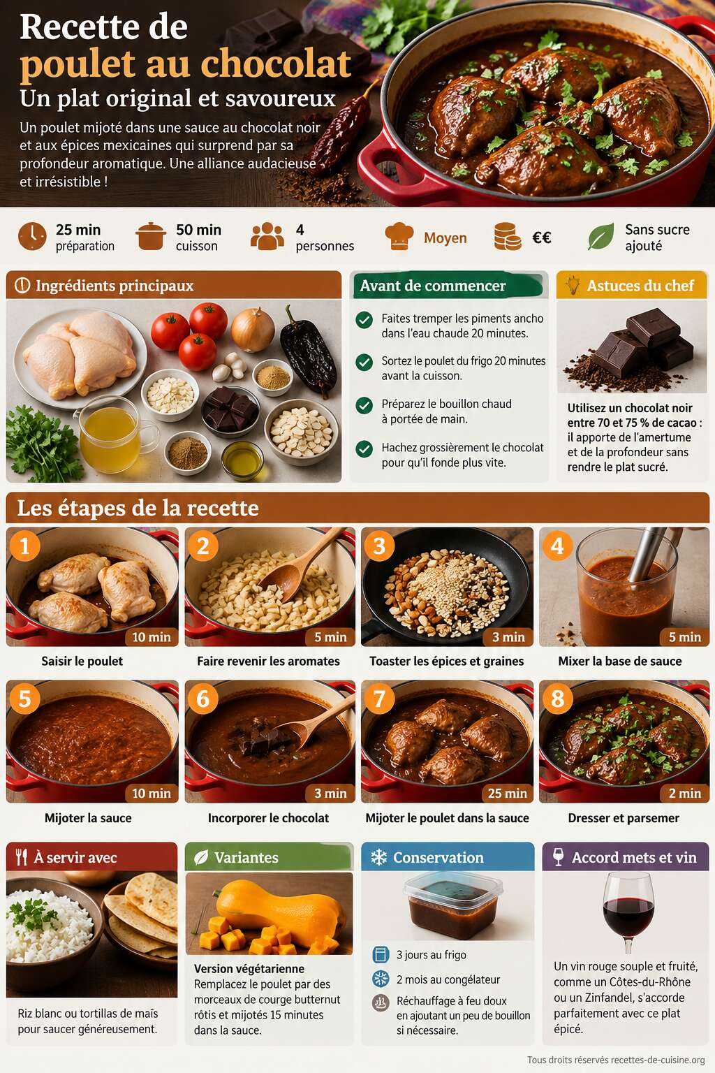 Fiche recette Recette de poulet au chocolat : un plat original et savoureux Fiche recette Recette de poulet au chocolat : un plat original et savoureux