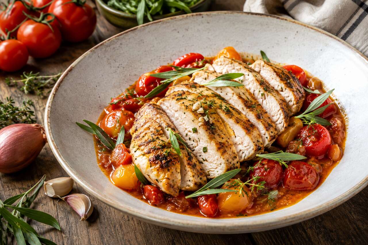 Poulet émincé à la plancha, infusion de tomates au thym et estragon