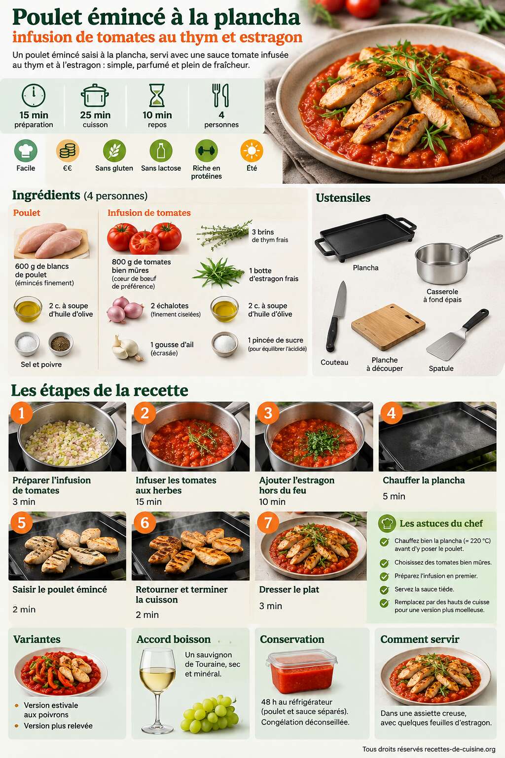 Fiche recette Poulet &eacute;minc&eacute; &agrave; la plancha, infusion de tomates au thym et estragon
