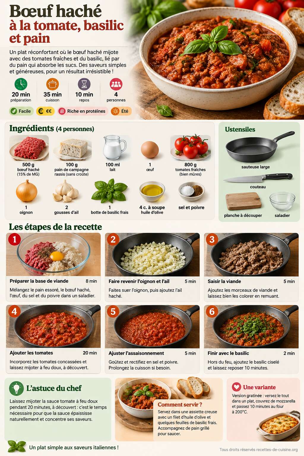 Fiche recette Recette de bœuf haché à la tomate, basilic et pain Fiche recette Recette de bœuf haché à la tomate, basilic et pain